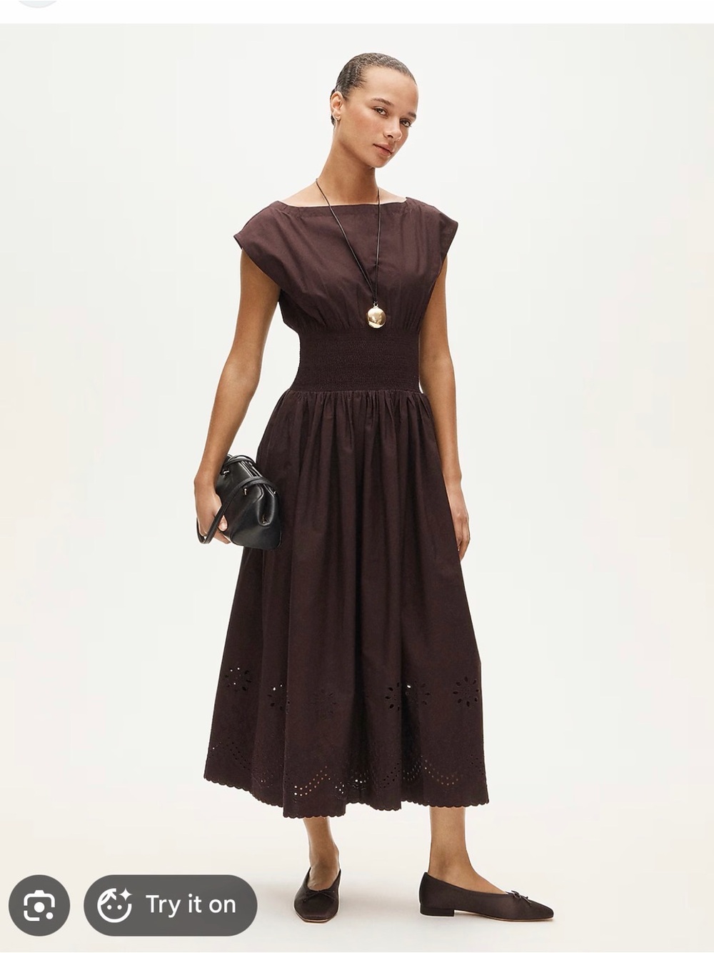 NWT J. Crew Brown Smocked eyelet-hem dress in cotton poplin